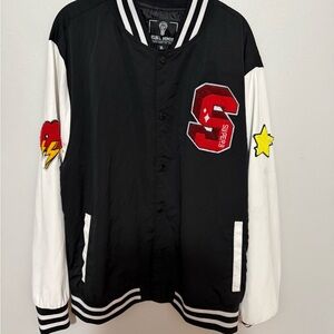 Black & White Varsity Jacket with Red Patch